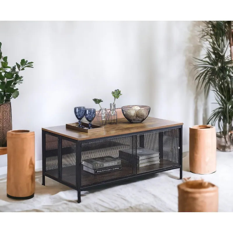 Mesa de centro rectangular de roble antiguo y negra, estilo industrial
