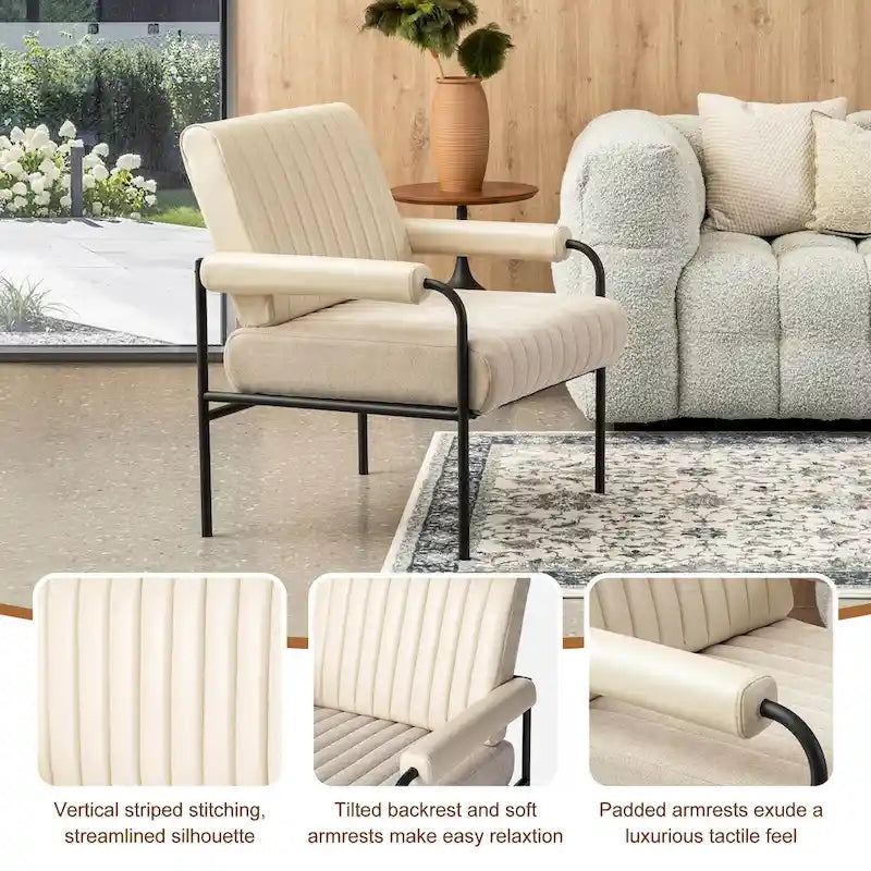 Sillón decorativo de cuero sintético y tela blanquecinos con apoyabrazos acolchados, juego de 2 unidades