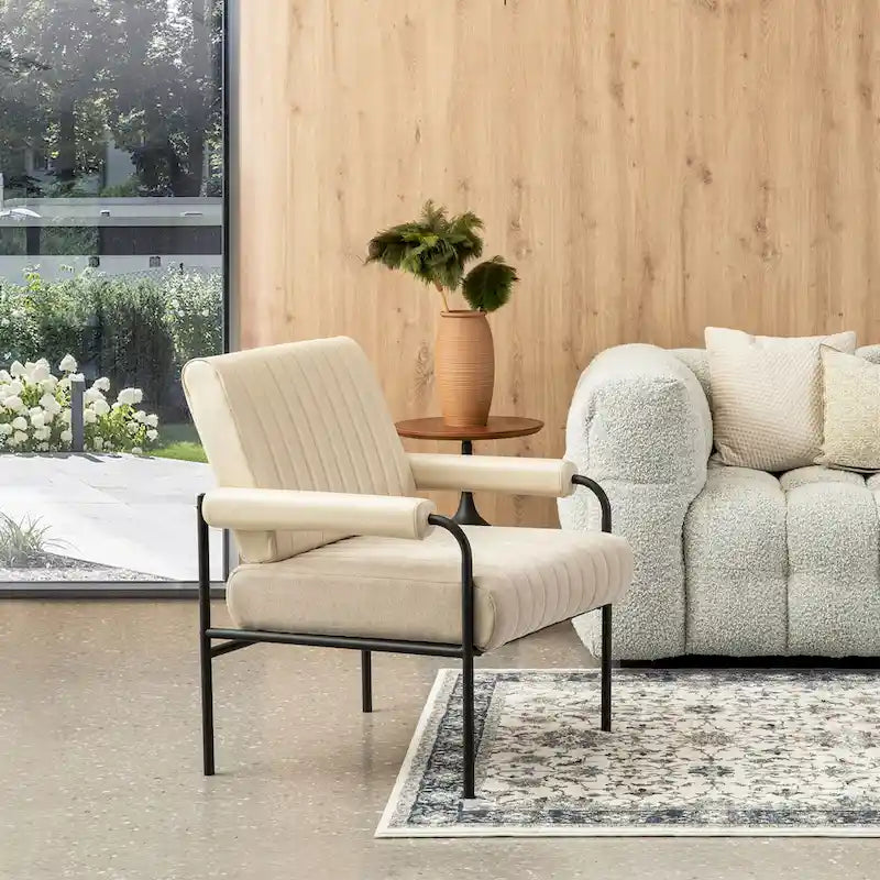 Sillón decorativo de cuero sintético y tela blanquecinos con apoyabrazos acolchados, juego de 2 unidades