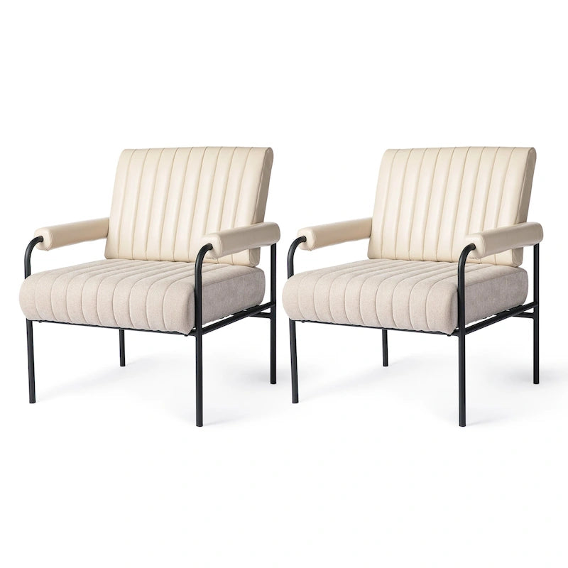 Sillón decorativo de cuero sintético y tela blanquecinos con apoyabrazos acolchados, juego de 2 unidades
