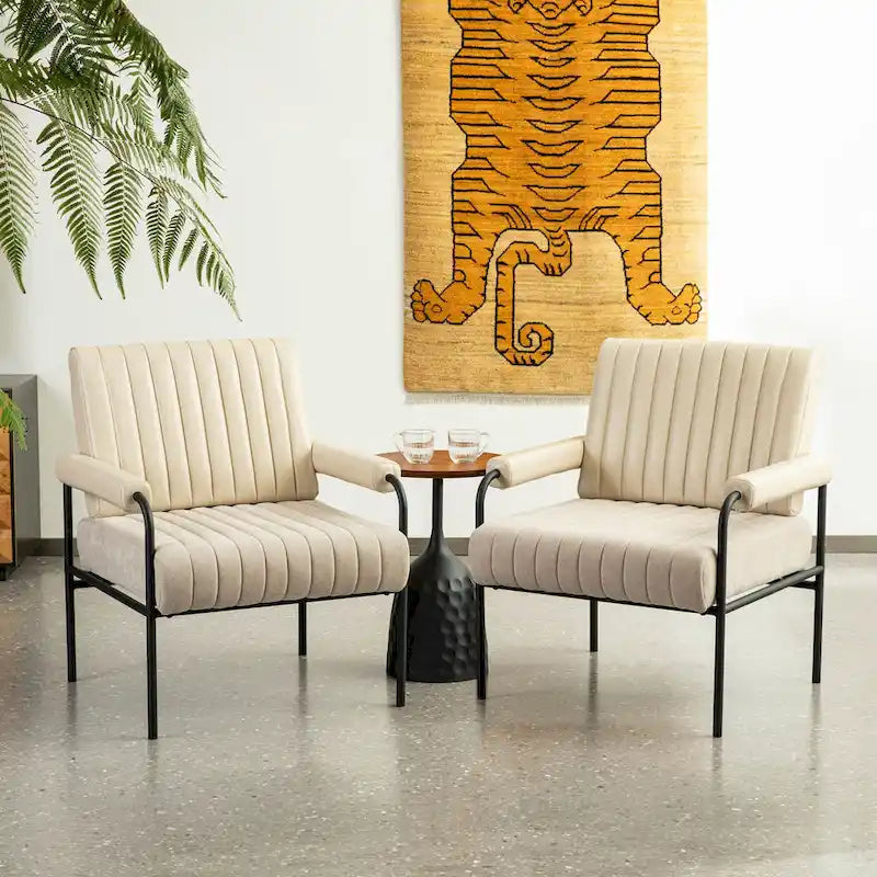 Sillón decorativo de cuero sintético y tela blanquecinos con apoyabrazos acolchados, juego de 2 unidades