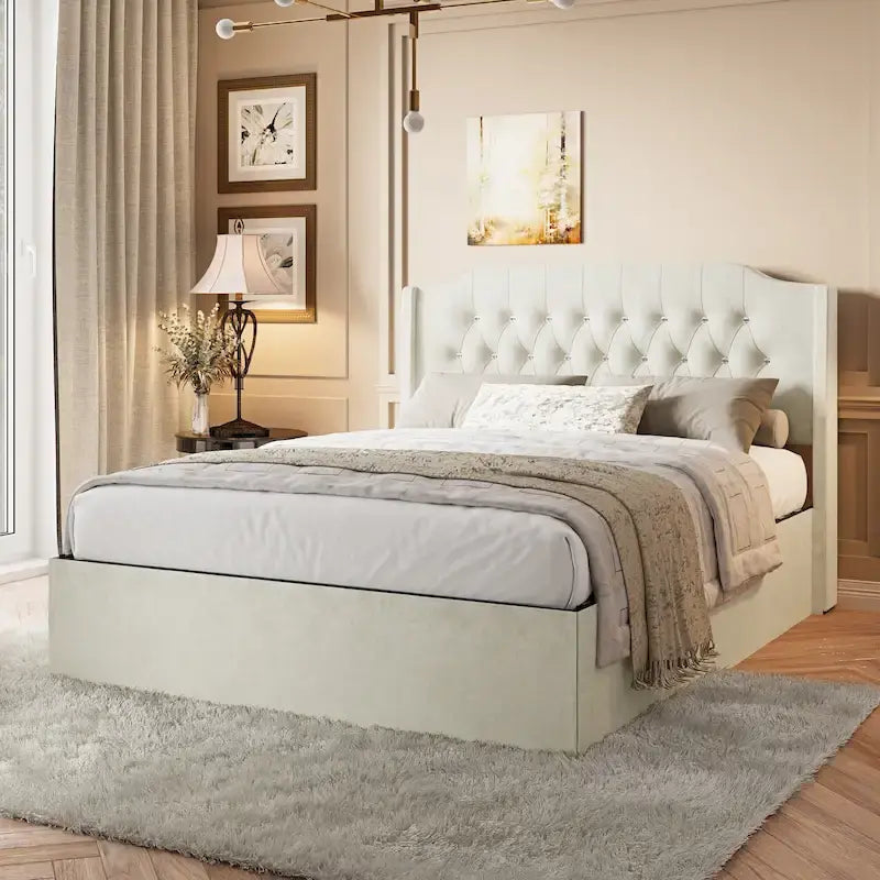 Base de cama de terciopelo capitoné beige Queen con alas y almacenamiento, 1 persona
