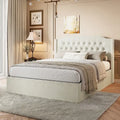 Base de cama de terciopelo capitoné beige Queen con alas y almacenamiento, 1 persona