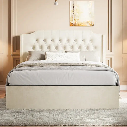 Base de cama de terciopelo capitoné beige Queen con alas y almacenamiento, 1 persona