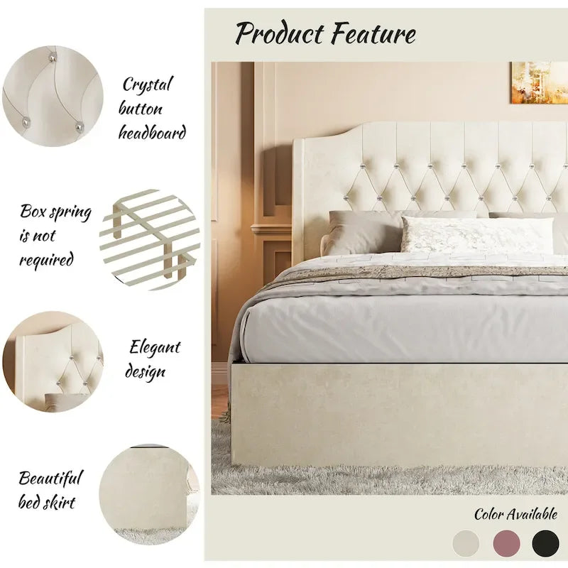Base de cama de terciopelo capitoné beige Queen con alas y almacenamiento, 1 persona