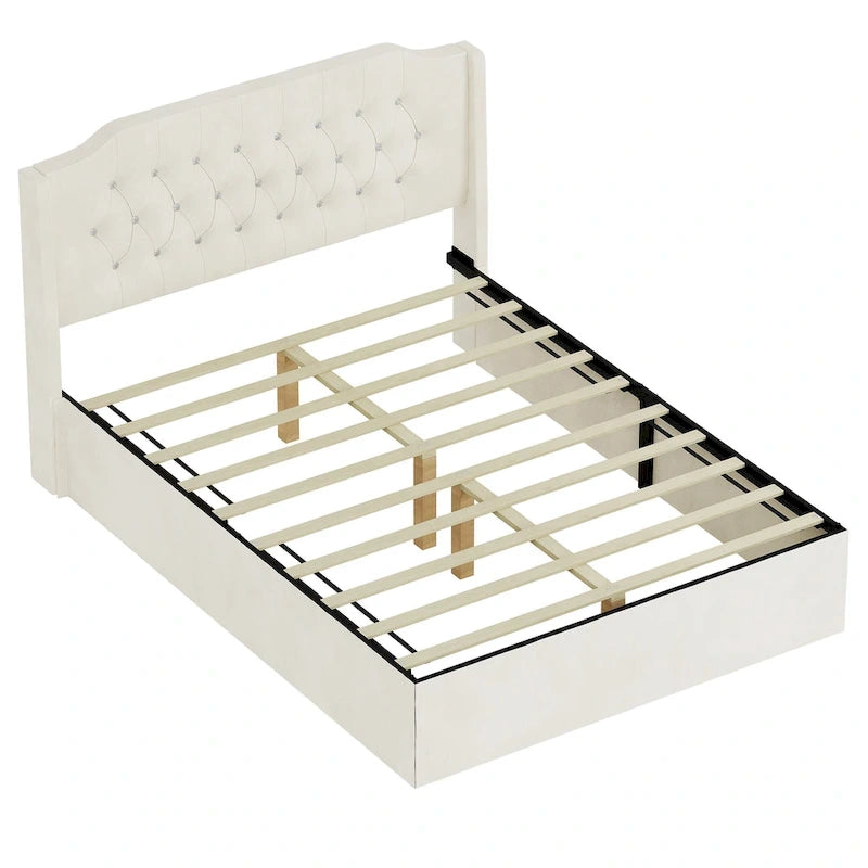 Base de cama de terciopelo capitoné beige Queen con alas y almacenamiento, 1 persona