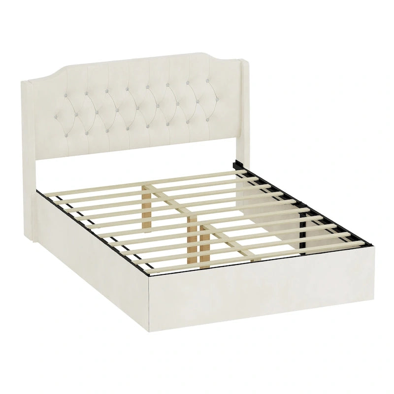 Base de cama de terciopelo capitoné beige Queen con alas y almacenamiento, 1 persona