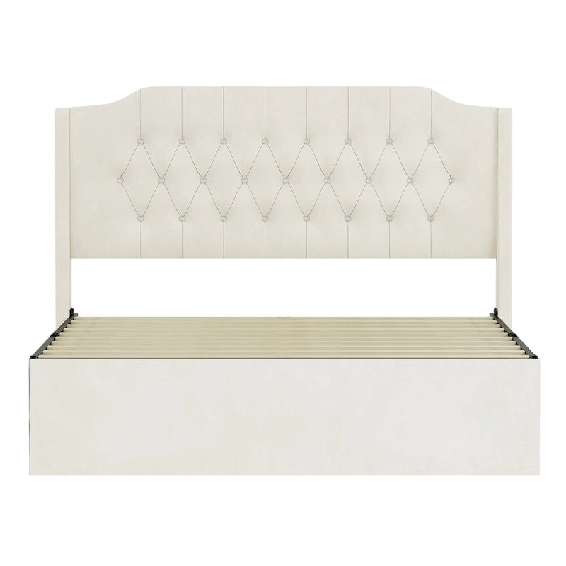 Base de cama de terciopelo capitoné beige Queen con alas y almacenamiento, 1 persona