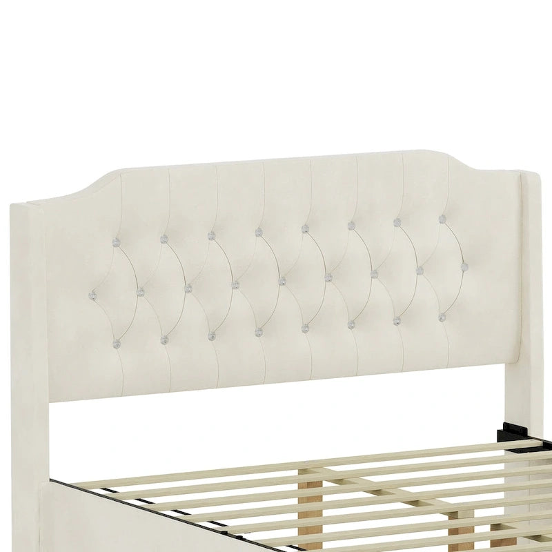 Base de cama de terciopelo capitoné beige Queen con alas y almacenamiento, 1 persona