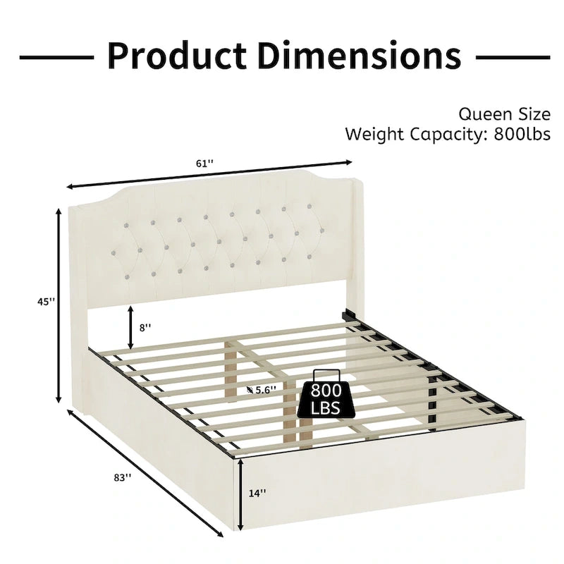 Base de cama de terciopelo capitoné beige Queen con alas y almacenamiento, 1 persona