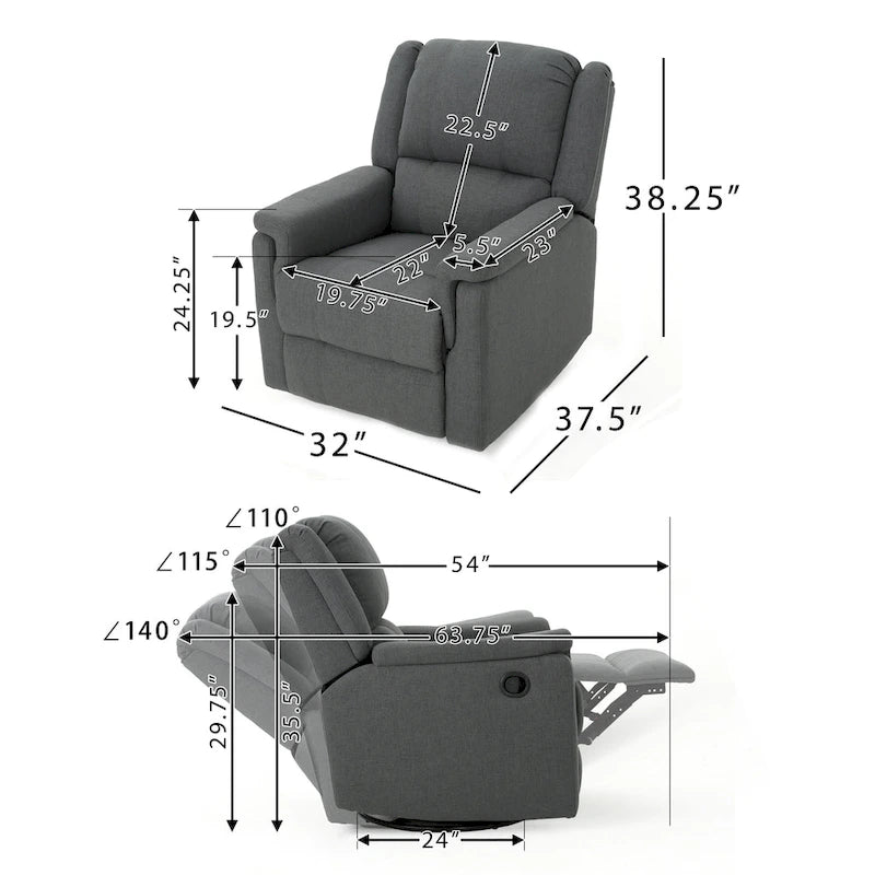 Sillón reclinable deslizante de tela color carbón con giro, un solo asiento, reclinación manual