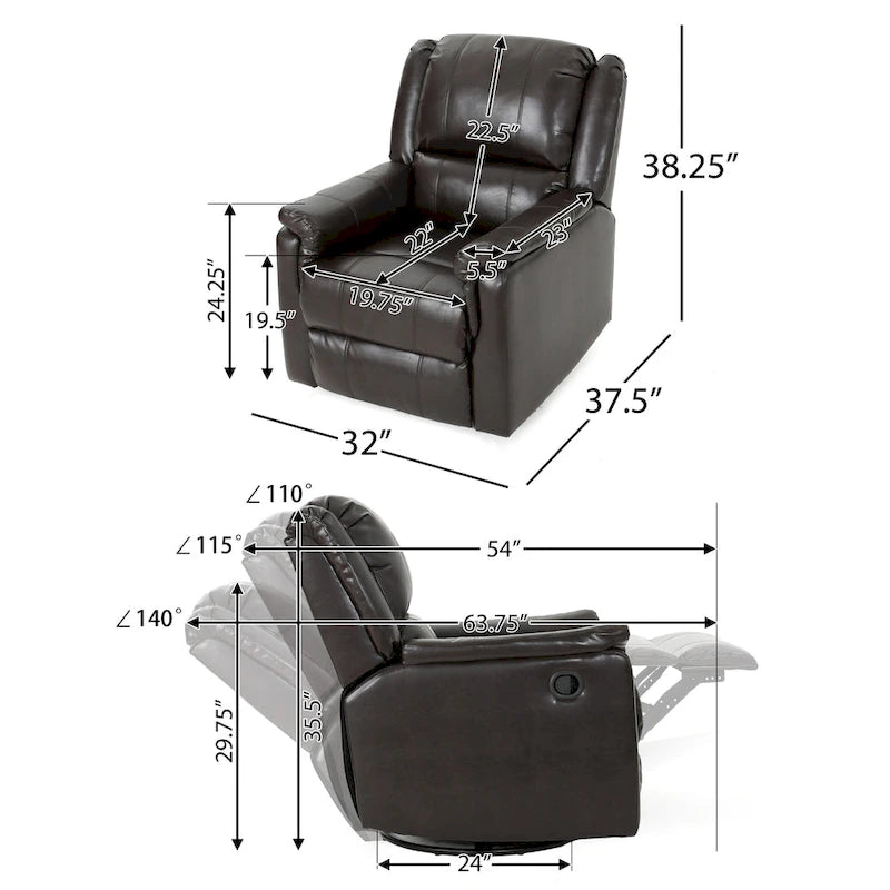 Sillón reclinable deslizante de tela color carbón con giro, un solo asiento, reclinación manual