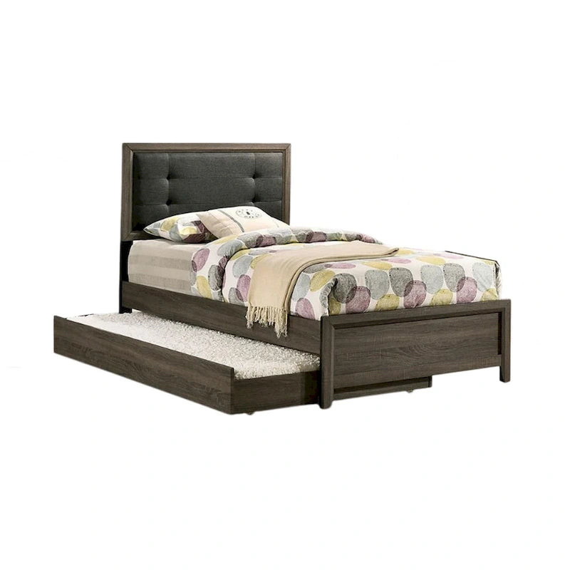 Cama individual, cabecero con botones, gris y carbón, 1 persona