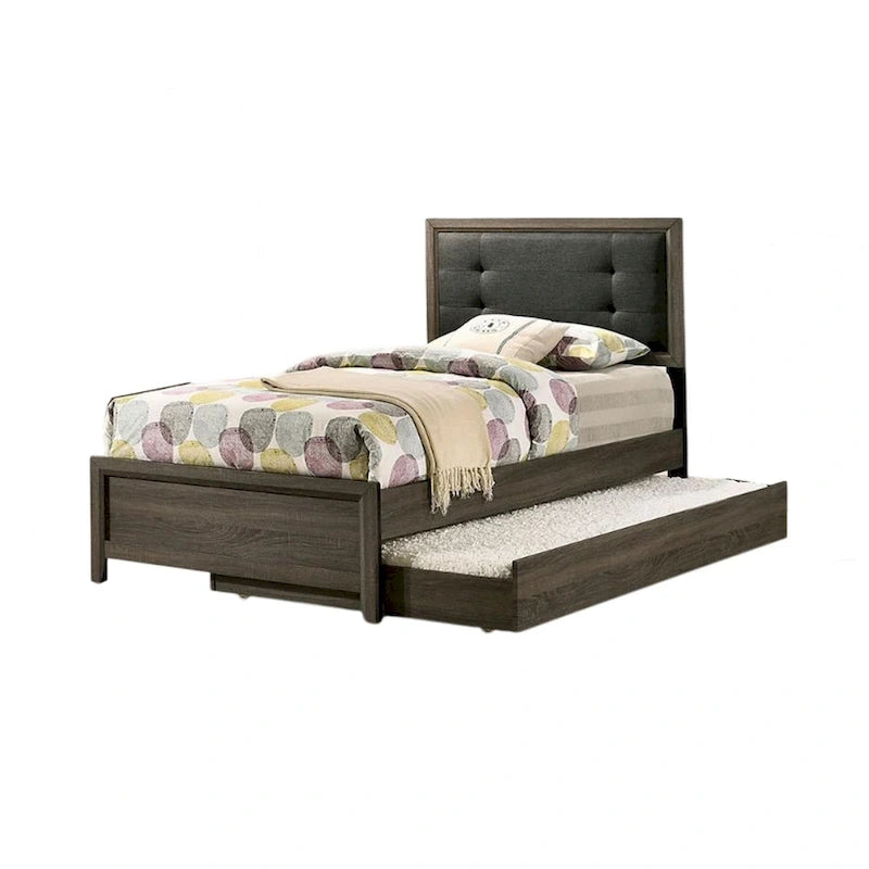 Cama individual, cabecero con botones, gris y carbón, 1 persona