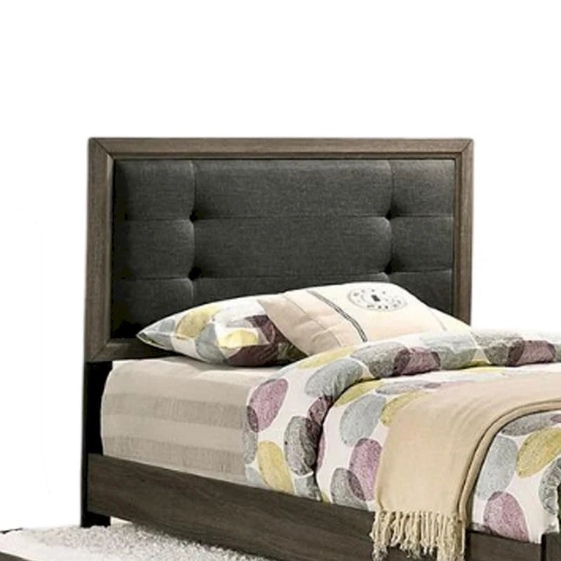 Cama individual, cabecero con botones, gris y carbón, 1 persona