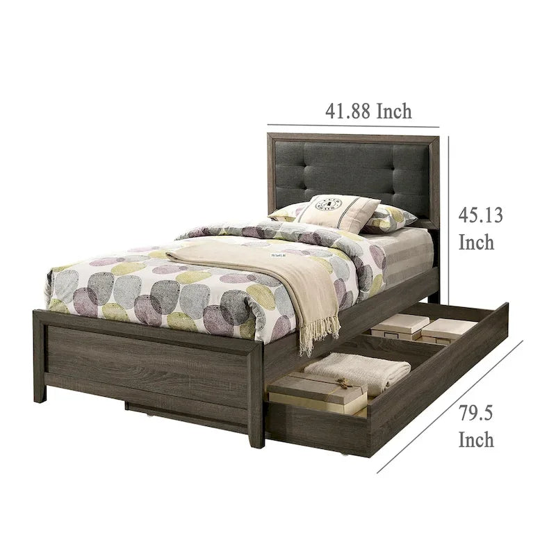 Cama individual, cabecero con botones, gris y carbón, 1 persona