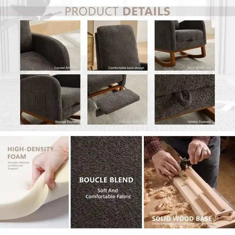 Sillón mecedora tapizado Boucle – Carbón / Azul marino / Gris claro / Marfil / Caramelo, asiento individual
