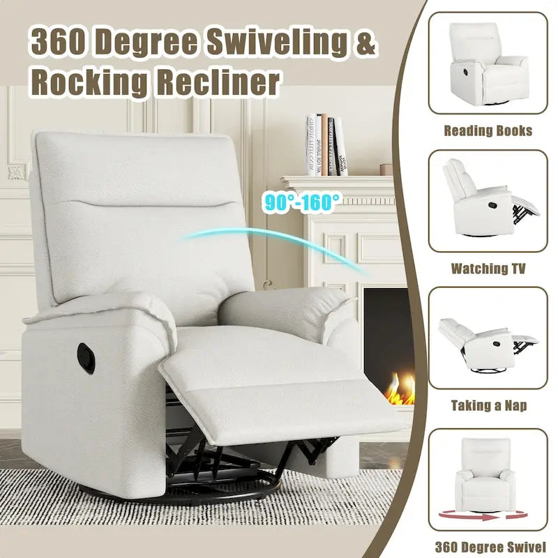 Sillón reclinable manual de lino gris/beige, giratorio 360° y mecedora, un asiento