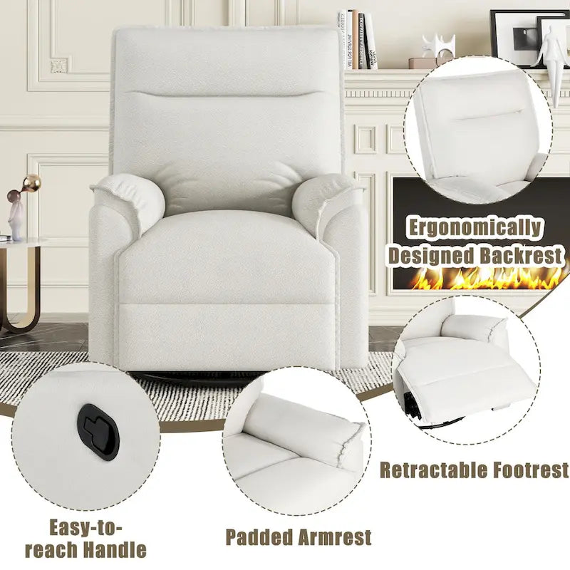 Sillón reclinable manual de lino gris/beige, giratorio 360° y mecedora, un asiento