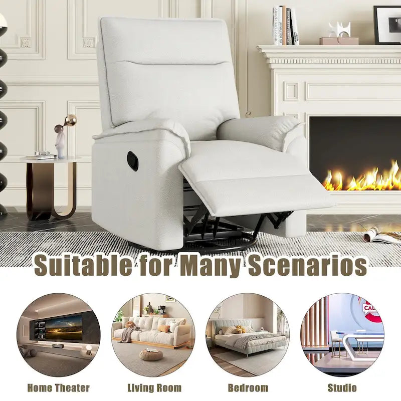 Sillón reclinable manual de lino gris/beige, giratorio 360° y mecedora, un asiento