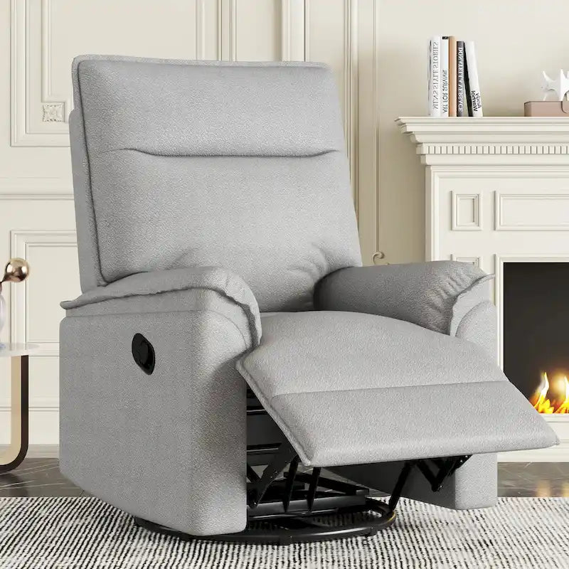 Sillón reclinable manual de lino gris/beige, giratorio 360° y mecedora, un asiento