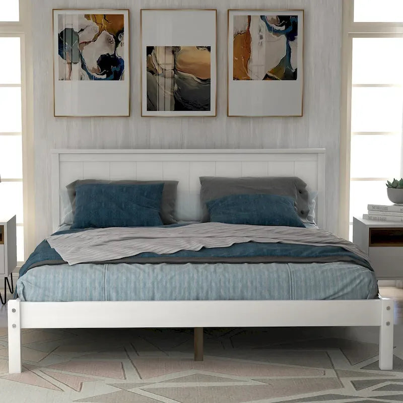 Base de Cama de Plataforma Blanca con Cabecero Integrado, Somier de Láminas de Madera, Para 1-2 Personas