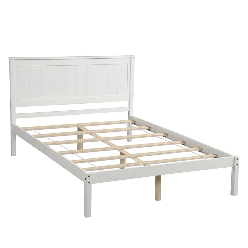 Base de Cama de Plataforma Blanca con Cabecero Integrado, Somier de Láminas de Madera, Para 1-2 Personas