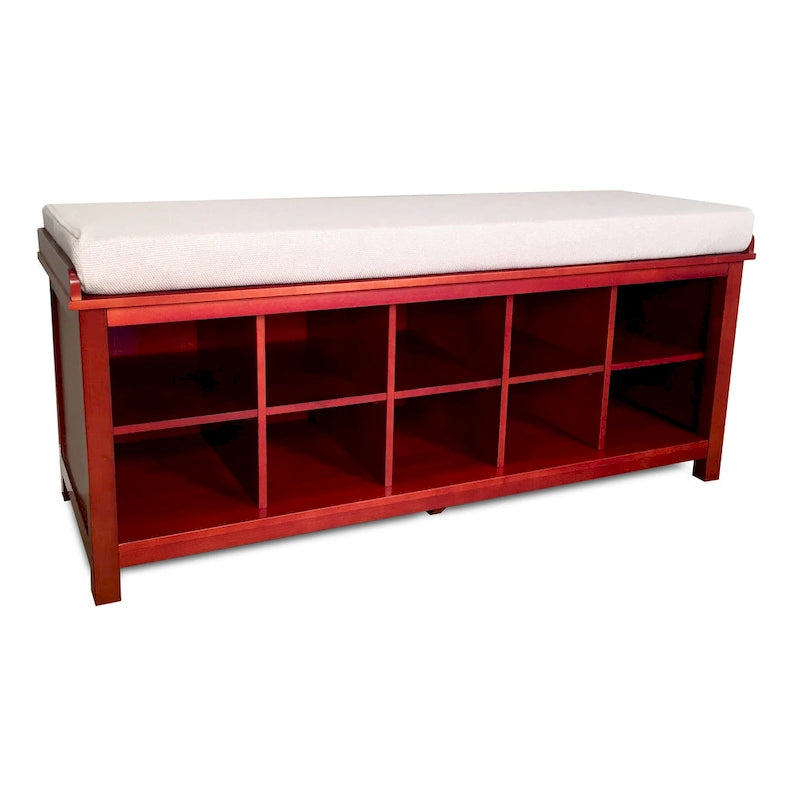 Banco zapatero de madera maciza caoba roja con cojín, 2 asientos