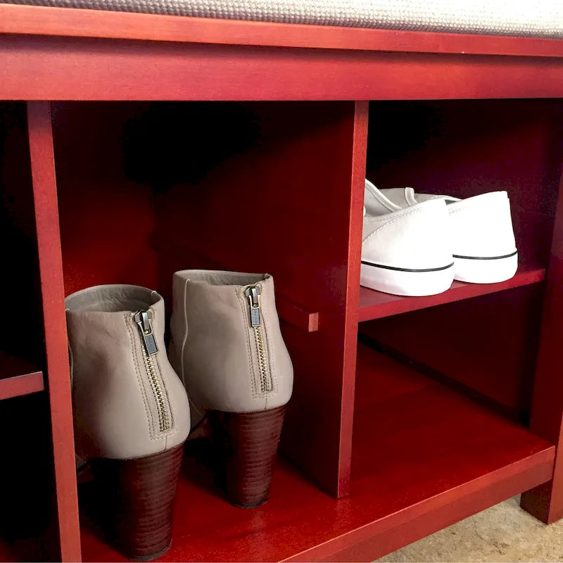 Banco zapatero de madera maciza caoba roja con cojín, 2 asientos