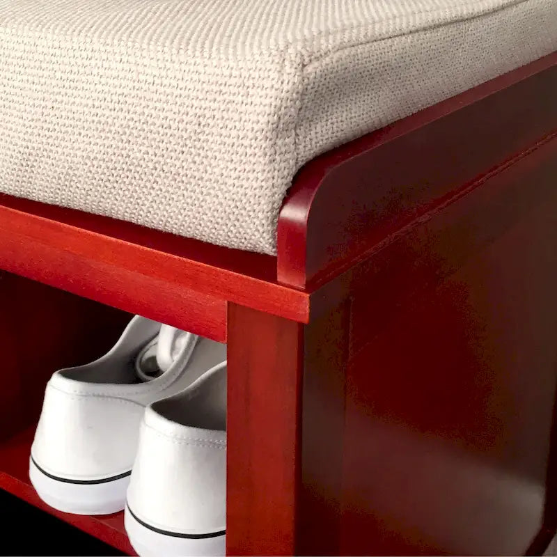 Banco zapatero de madera maciza caoba roja con cojín, 2 asientos