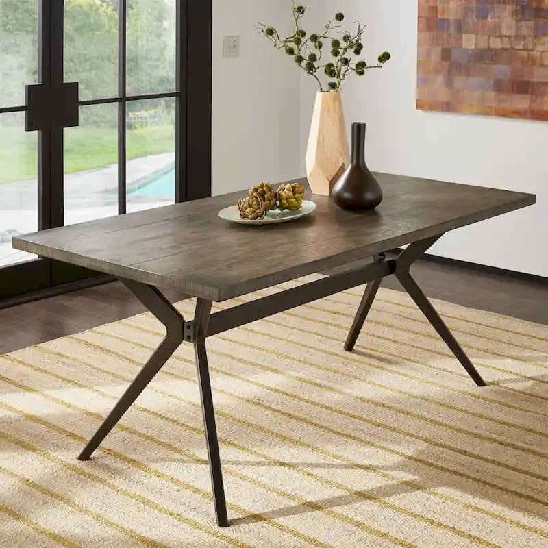 Mesa de comedor con base de metal gris hierro, pino claro/gris madera flotante/negro/blanco, para 4-6 personas