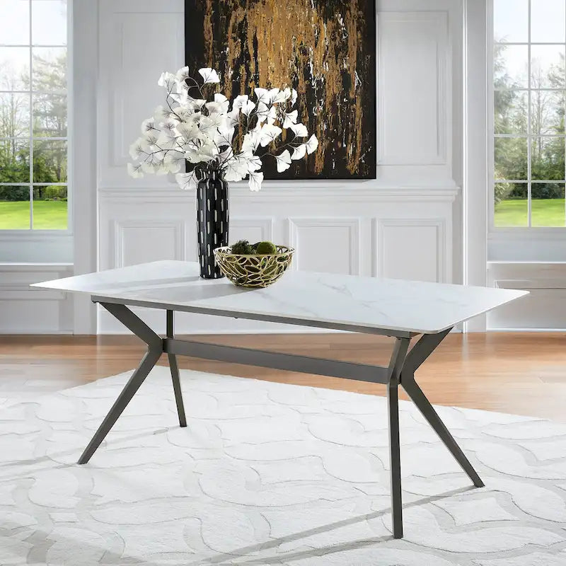 Mesa de comedor con base de metal gris hierro, pino claro/gris madera flotante/negro/blanco, para 4-6 personas