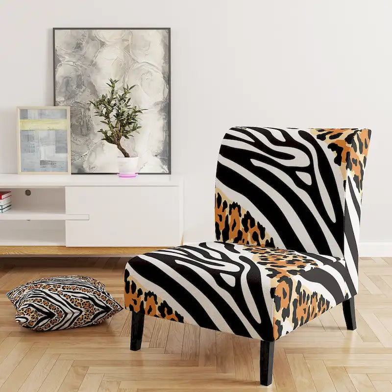 Sillón decorativo tapizado con estampado de cebra, leopardo y motivos en blanco y negro – 1 plaza