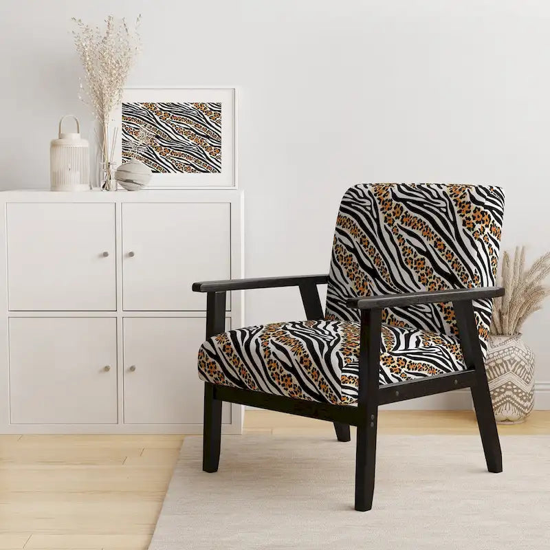 Sillón decorativo tapizado con estampado de cebra, leopardo y motivos en blanco y negro – 1 plaza