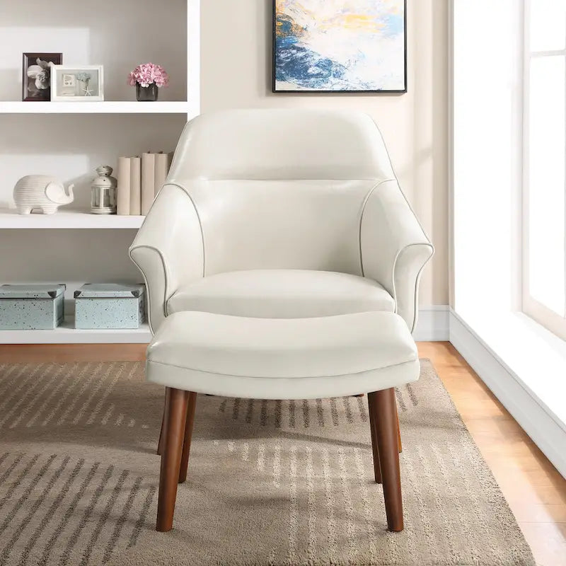 Sillón y otomana de acento de mediados de siglo – Cuero sintético/Tela, 1 asiento