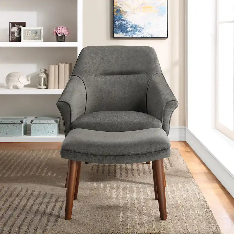 Sillón y otomana de acento de mediados de siglo – Cuero sintético/Tela, 1 asiento