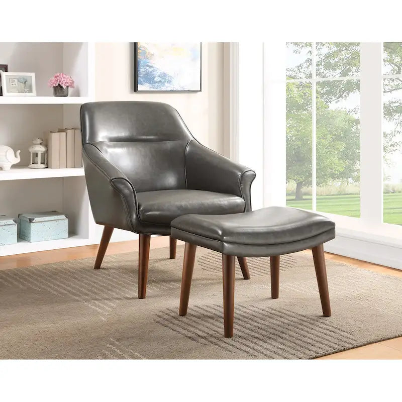 Sillón y otomana de acento de mediados de siglo – Cuero sintético/Tela, 1 asiento