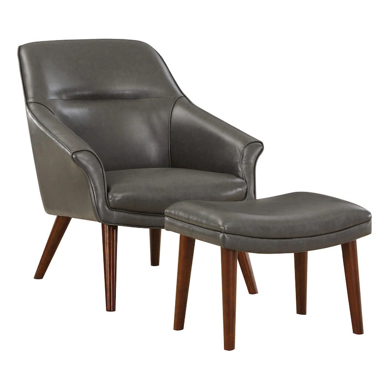 Sillón y otomana de acento de mediados de siglo – Cuero sintético/Tela, 1 asiento