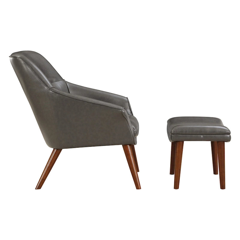 Sillón y otomana de acento de mediados de siglo – Cuero sintético/Tela, 1 asiento