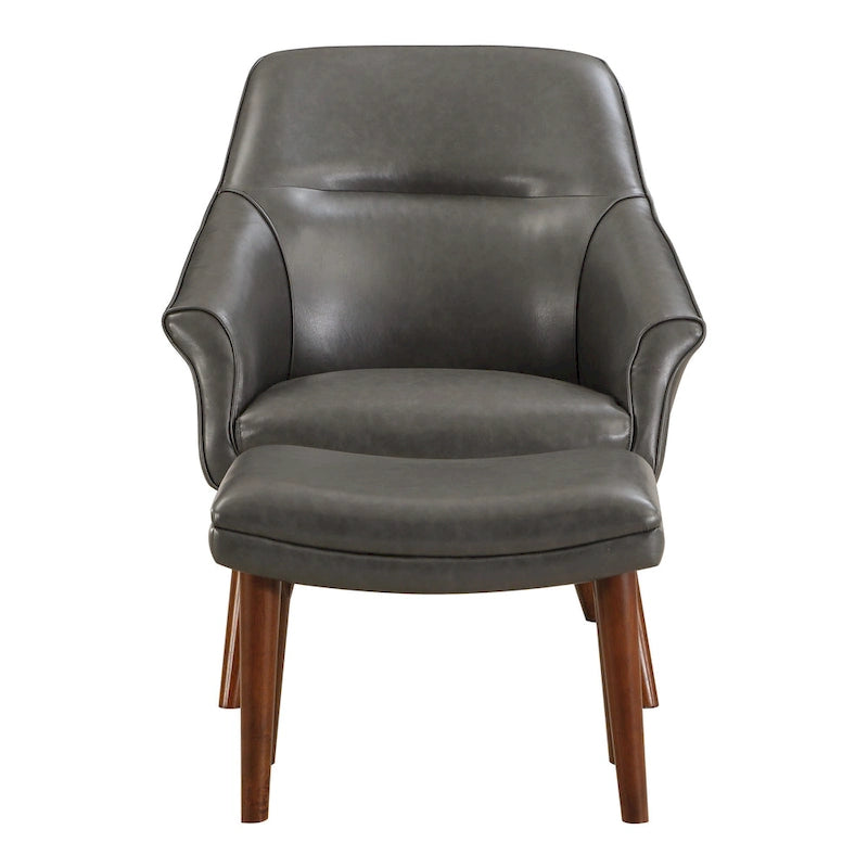 Sillón y otomana de acento de mediados de siglo – Cuero sintético/Tela, 1 asiento