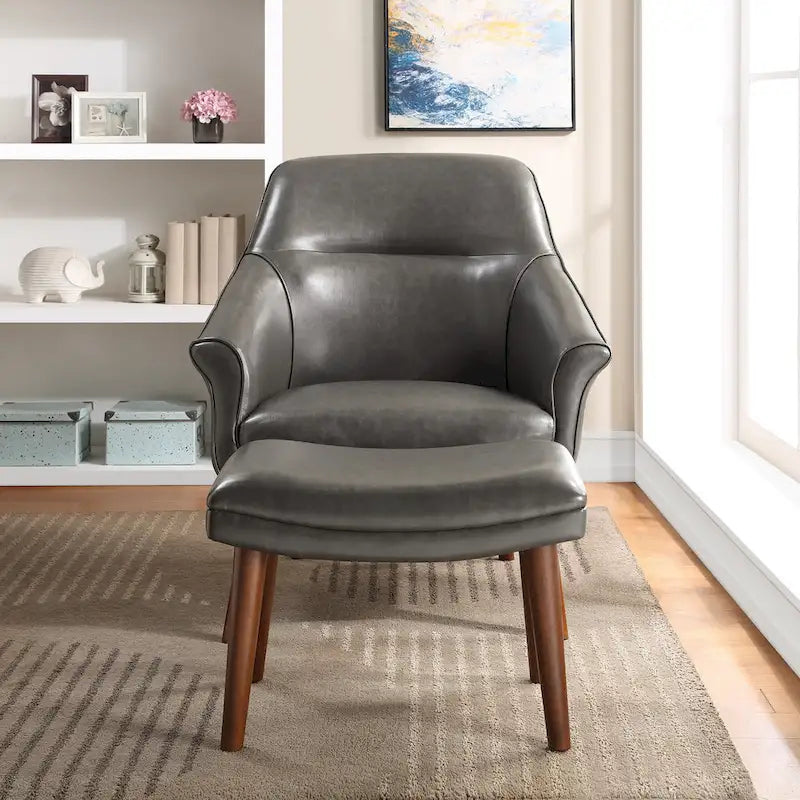 Sillón y otomana de acento de mediados de siglo – Cuero sintético/Tela, 1 asiento