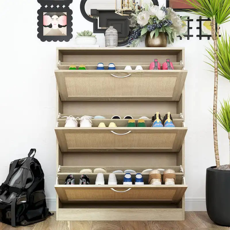 Zapatero individual de ratán natural con 3 cajones abatibles