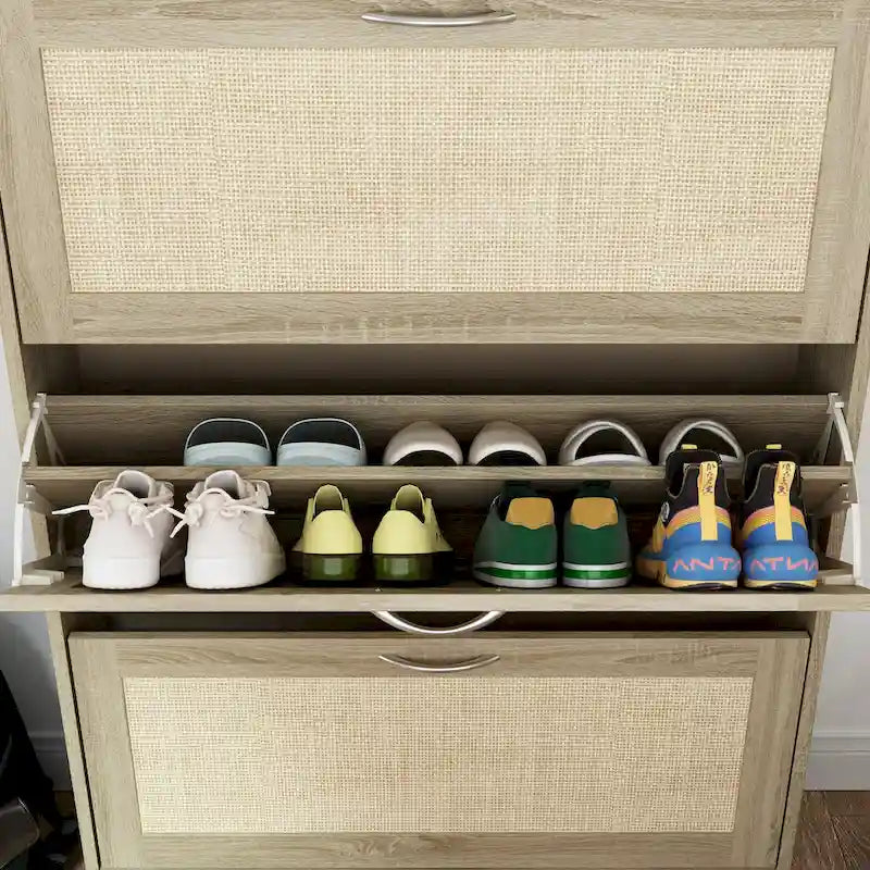 Zapatero individual de ratán natural con 3 cajones abatibles
