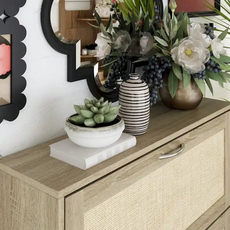 Zapatero individual de ratán natural con 3 cajones abatibles