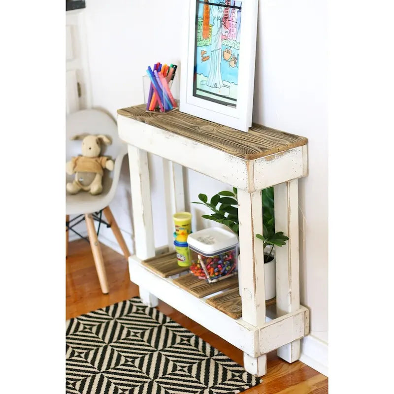 Mesa Auxiliar Mini Consola de Madera Recuperada, Marrón/Gris, Rústica, 1 persona
