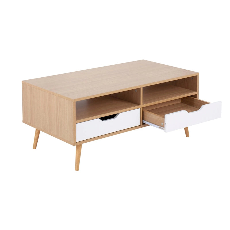 Mesa de Centro de Madera Natural y Blanca con Cajones de Almacenamiento, 1 Pieza