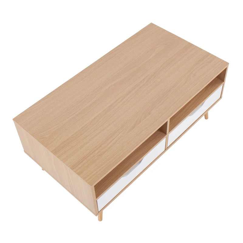 Mesa de Centro de Madera Natural y Blanca con Cajones de Almacenamiento, 1 Pieza