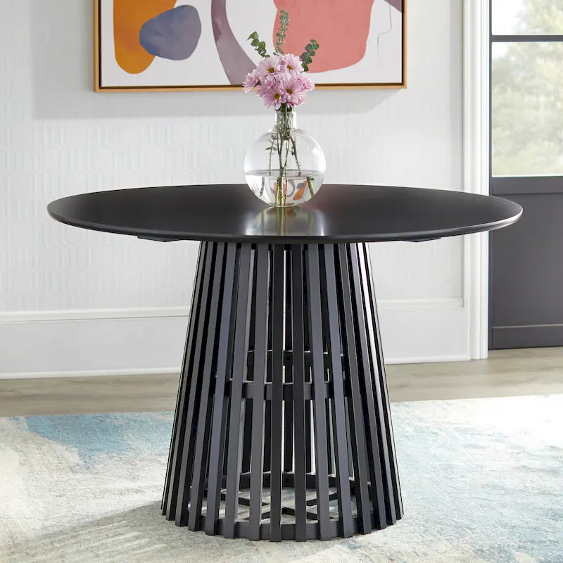 Mesa de comedor redonda, nogal/negro, mediados de siglo moderna, capacidad para 4 personas