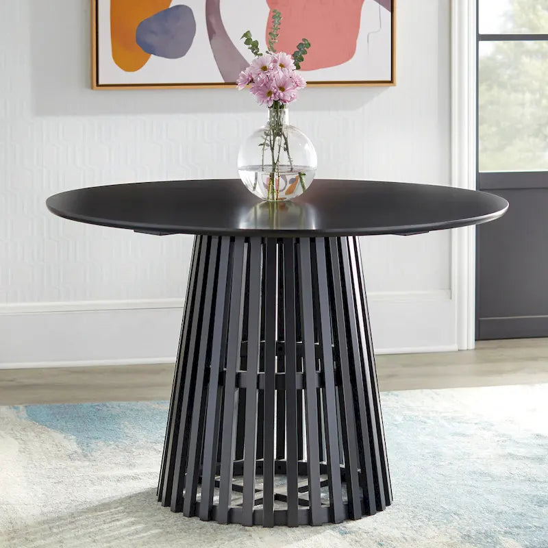 Mesa de comedor redonda, nogal/negro, mediados de siglo moderna, capacidad para 4 personas
