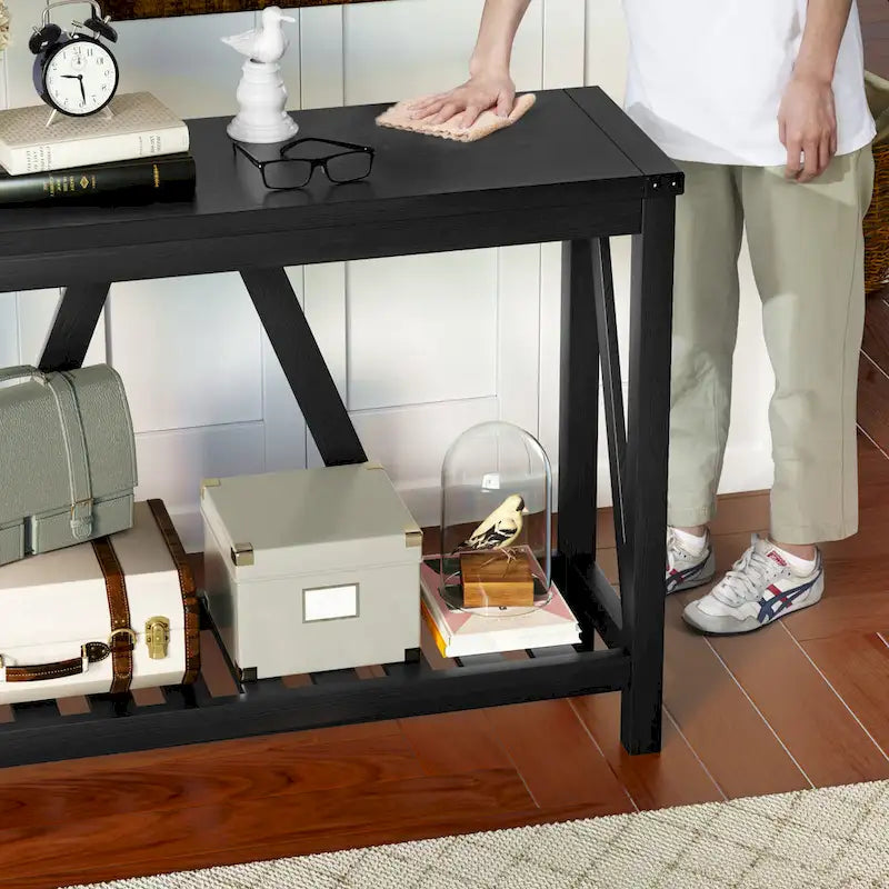 Mesa consola de estilo A con estante de listones, gris/negro/marrón, 2 niveles, montaje para 1 persona